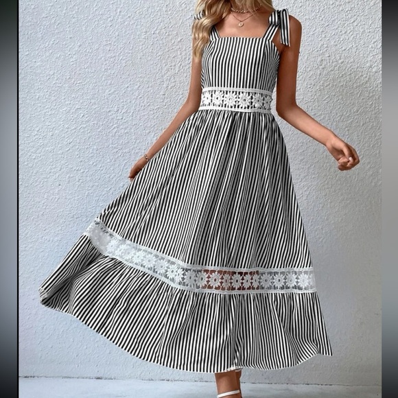 Boho Stripes Floral Lace Strap Tie Shoulder Cami Maxi Dress - Picture 3 of 12